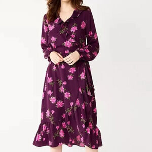 Draper James RSVP Plum Multicolor Floral Ruffle Wrap Lined Dress Size XS